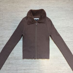 American Eagle Brown Ribbed Zip-Up Jacket with Faux Fur Collar Size XS